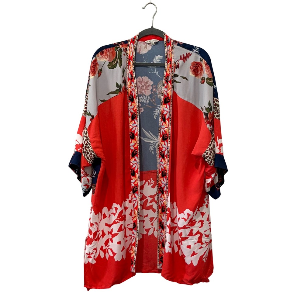 John Mark Kimono Women XL Red Floral Beaded Mixed Print Open Front Coverup